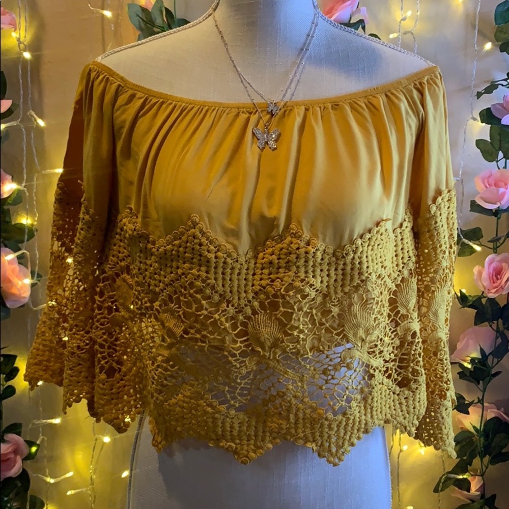 Off shoulder mustard top